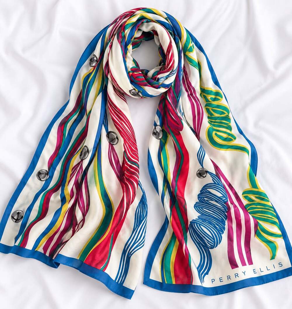Perry Ellis Vintage White Silk Scarf with Multicolor Stripes and Ornaments